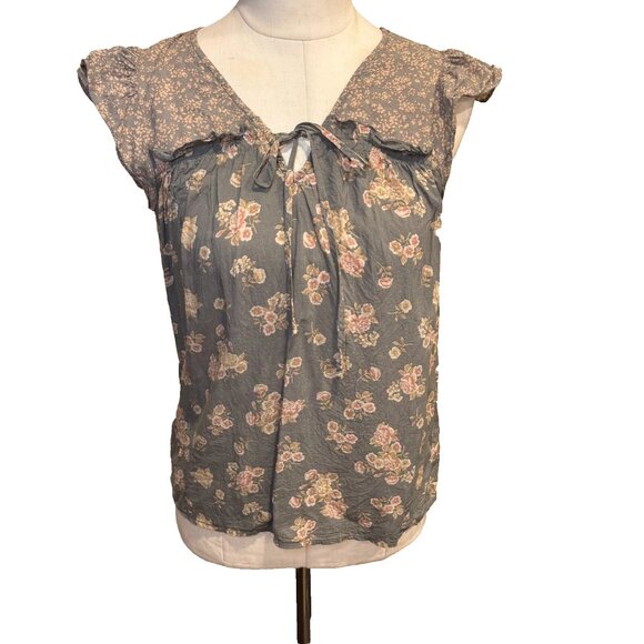 DR2 Woman's Vintage Style Flower Ruffle Blouse Size Small Olive Green Pink Boho - Picture 1 of 9